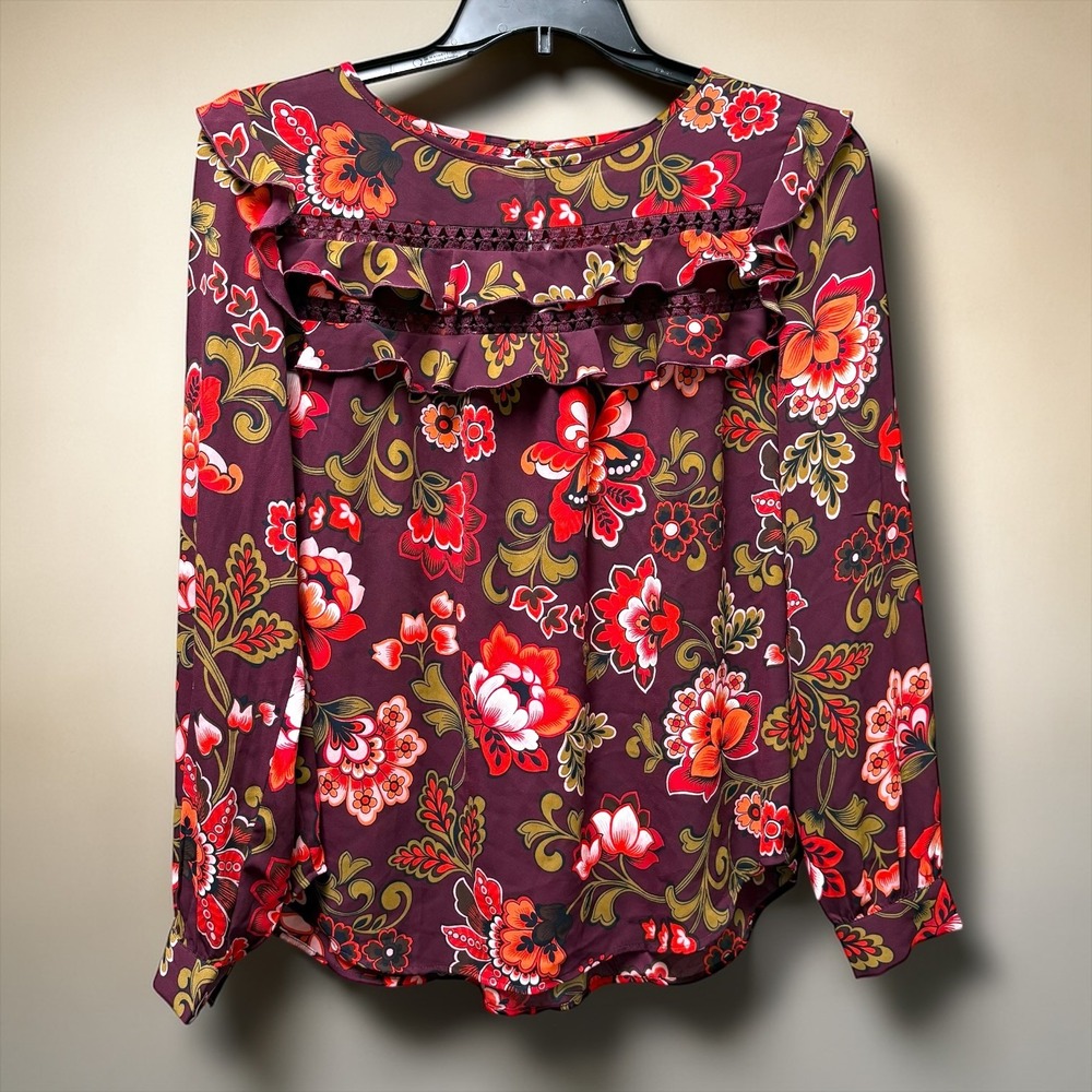 Loft Womens Medium Burgundy Floral Ruffle Lace Long Sleeve Blouse Top M